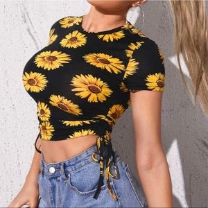 Cap sleeve drawstring Hem sunflower print